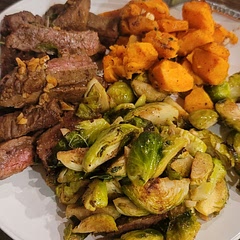 This is really really good! Roast those potatoes and Brussels together, get them nice and crispy! I did add some garlic powder when seasoning the steaks. I followed this recipe to the letter just about, cooking the steaks about medium. So so good. 