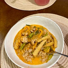 I added broccoli, mini corn, snap peas, bell pepper, an extra clove of garlic, cubed chicken thighs and served over brown rice! Came together really quick