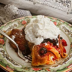 We doubled the batter, added a bit of apple butter to the batter, used French bread, and instead of frying it in a pan, we baked it at 350 degrees for 30 minutes.