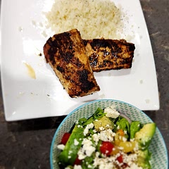 Quick and easy.  Good way to add flavor to otherwise tasteless fish.  Served with cauliflower rice and garden feta salad