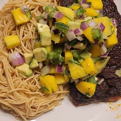Second time making this recipe! So so good. I think I'm going to do less brown sugar because the salsa is pretty sweet with the salmon rub. 

Also, I made fresh ramen noodles tossed with sesame oil and fresh garlic. My God.