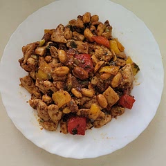 Very nice and tasty, but has many ingredients not easily found. Used Sake for alcohol, and Worcestershire Sauce instead of dark soy sauce, also - I do not care for green pepper so I used yellow.