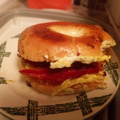Sorry for the picture quality but I made this yesterday and it was really good. My bread magically disappeared (still looking for it) so I had to use one of my bagels instead. It was huge I barely could finish it myself. 