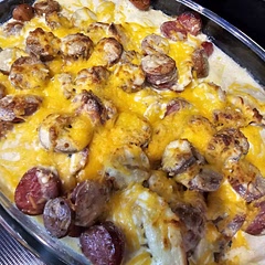 I did one less cup of water. No salt or pepper but added red pepper flakes. I also precooked the sausages then layered it and baked it in the oven instead of crockpot and it only took 20 min in the oven. It still came out soupy so I'll do less chicken broth next time...and use reduced sodium because even without adding any salt it was super salty. 