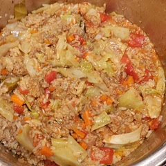 Very nice, comforting and filling. Used impossible meat (12oz) added 3 impossible spicy sausage patties. Added carrots and sweet peppers for some color and omitted the extra salt. Definitely makes leftovers!