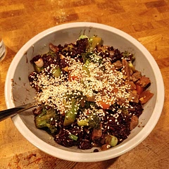 Steamed the broccoli over the rice to save stove top space. Added carrots. Turned out well, pretty salty, I'll dilute soy sauce next time.