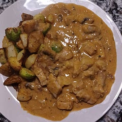 I added mushrooms and paprika and it tasted yummy except a bit tough. Think ill do it with chicken next time.