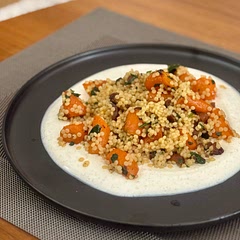 Lovely and unlikely interesting dish.
Dates bring in nice touch, rosted glazed carrots are lovely, couscous gives good texture, and yoghurt base works great to contrast the dish with it’s acidity, serving as a dressing at the same time. Very interesting and great new find!
