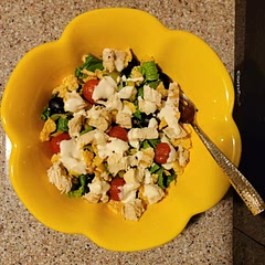 Skipped the anchovies in the dressing, but added chicken, black olives, pepperoncini, cherry tomatoes, and seeds to the salad. This was a good salad recipe to add into the regular rotation. 