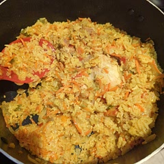 Amazing! So flavorful, both my husband and I loved it. This one pot meal was so easy. We had some saffron from another dish so we crushed up some and added it when we put the rice in! Also had jalapenos and orange pepper left over so added those as well with the onions and garlic. We added a little salt and pepper.