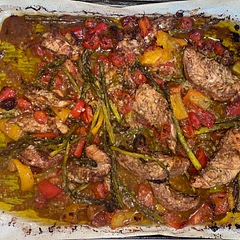 I used asparagus instead of green beans and also used red & yellow peppers and half the tomatoes. I made it with rice and it was a perfect meal!