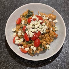 Super tasty. I added a cup full of stock and some tomato puree. I increased the amount of spinach and tomatoes.