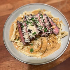 Made this with homemade noodles, turned out really really well. I changed some things up, mainly reverse-searing the steak, as well as seasoning my steak the day before. That turned out really well for me. I also made my own noodles for a fun touch. All in all pasta was cheesy, savory, and creamy with a little kick!