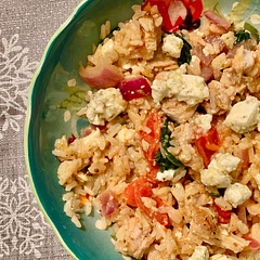 Added one small red onion, chopped with tomatoes

Added lemon zest to feta mixture 

Did not add chickpeas