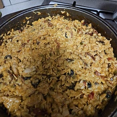 I dice chicken into bite size pieces and cook with. I add olives and 1 capsicum sliced