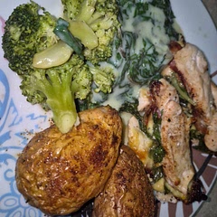 Not the easiest if you haven't done stuffed breast's before. Very good recipe though and tasty. I served it with broccoli, creamed spinach and baked potato.