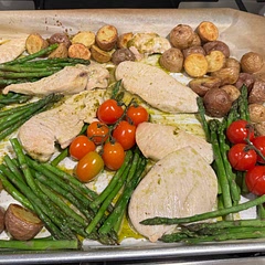 The chicken was a bit unappetizing, but I like the idea of the potatoes/tomatoes/ and asparagus (subbed) with the pesto. Have to try it again, maybe thighs would work better.