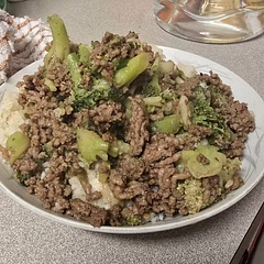 I used Ground beef chuck, added in 2lb of frozen broccoli,as well as doubling the ingredients for the sauce. Should've maybe quadrupled them, as I was hoping for more saucey goodness.