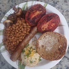 Used canned beans, bratwurst, and English muffins. Skipped the blood pudding. So filling and comforting. 