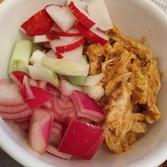 I used Trader Joe's jarred satay sauce as a shortcut. It had good flavor but was a tad dry. Next time I'll whip up a quick peanut sauce to help with that.