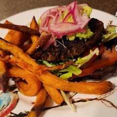 I made a maple honey mustard to go with the sweet potato fries. I did add Dale's 
Marinade (US) to the portobello caps and just cooked them on the stove top. we had no eggs tonight, but otherwise it was delicious. It was a hit with everyone but my 2 year old. My 7 year old got an extra mushroom and made it like a bun. I loved the pickled onions, I've never thought to make those.