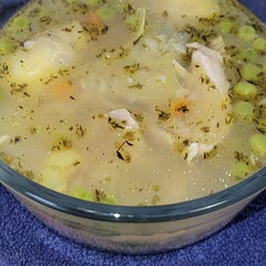 A nice change from the standard chicken soup. I added peas and a few herbs to brighten it up. 
