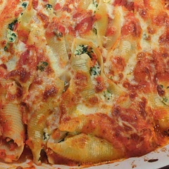 Only had parmesan (subbed for pecorino) 
Added a little mozzarella on top after baking and then broiled until bubbly. 
Next time I will double the filling so I can use the whole box of shells. 
