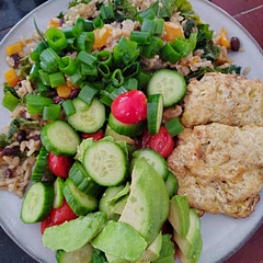 Added 3 x amount of cumin and salsa lizano. Added kale and air fried plantains on the side. Will add a bit of heat to it next time or salsa on the side. Served with cucumbers, tomato, avocado on the side! 
