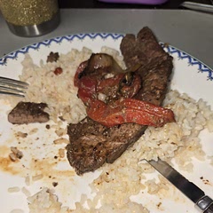 Marinated the liver overnight. Used roasted red pepper from a jar.
Served over brown rice with the onions and red peppers.
All this, it still tasted like liver and onions, which is fine by me.