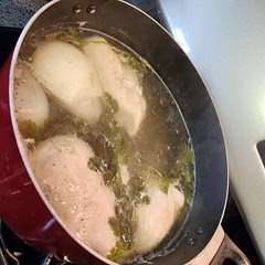 We boiled our own chicken with onion and cilantro for a little flavor 😋  