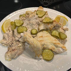 This is a really good dish! You notice there aren’t a lot of grill marks, even though I used a stove top grill for this recipe. Even after letting the chicken sit out in paper towels, so it would dry out, I noticed water in the grill while grilling, which is why I didn’t get as many of the grill marks as I wanted. Nonetheless, it was super tasty and the pickling was noticeable so it tasted fabulous.  

I have always found that leaving chicken out in the refrigerator to dry for a full day works best. I did not have time to do that in this case.

I served it with a side of Mexican Elote corn on the cob and a power coleslaw. I recommend this one for a quickie weeknight dinner; it satisfies and has a punch of flavor!