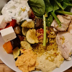 Used shop bought humus and tsatziki for ease and added spinach as I need the iron, it was a really lovely and unusual dinner. 