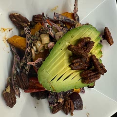 Spicy. Zesty. Tasty. Quite straightforward to make. Full of flavour. I just added a bit more spice to everything and turned the red cabbage into the slaw with vegan mayo and lime juice.