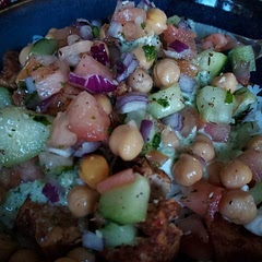 It's alright.  I added about a third cup of yogurt to the chicken marinade 3/4 tsp of 7 spice. Added a little za'atar and sumac to the veg.  Subbed coat cheese crumbles for the feta 