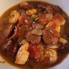 Very good but time-consuming to prep everything. Can cut down on the broth. Replaced half the shrimp with Andoullie Sausage.