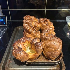 This recipe produced beautifully fluffy and light Yorkshire puddings.  I made the batter several hours ahead of cooking them at about 120degrees C fan oven for 23 minutes. The photograph shows the puddings moments after being removed from the oven. The recipe quantity made 9 Yorkshire puddings so some will be frozen.