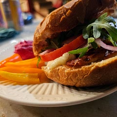 So delicious. I made this with slight changes :

-omitted egg wash and mushroom
-used mango chutney right out of jar
-pickled the onion
-used telera instead of brioche

So incredibly flavorful even with those changes