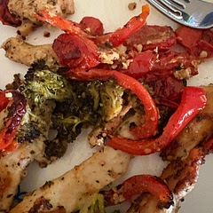 This was very good. I didn’t have green beans so I used broccoli and red bell peppers. I did find the chicken dry, but next time I’ll soak it.
