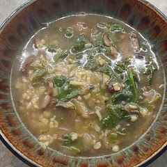 I used already cooked brown rice instead of orzo. Added a dash of red pepper. Veggie broth and a handful of power greens. 