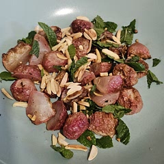 Used silvered almonds instead of pine nuts, and added coriander and mustard seeds to the radish roast. It turned out great. Also, I roasted that in the airfryer at 180° C for 20min.