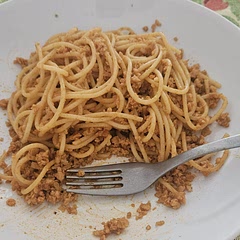 La hice solo para una ración y sin verduras, un poco sosa, pero bueno, ha sido fácil y rápido 