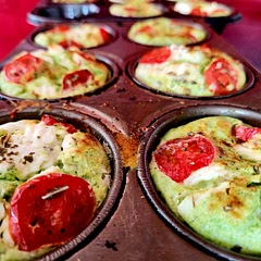 Blended a frozen spinach nugget with eggs; subbed basil for oregano; used more feta than recipe; topped with grape tomato slices.