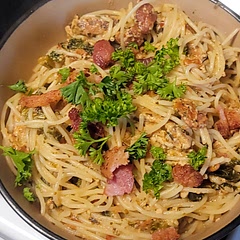 I didn't pay attention to the amount of noodles I should have used. I made it for 10 servings. I did add some white wine to it. Pretty good. Ran out of parmesan. I think it would be better with more of it. 