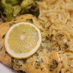 Delicious and easy to put together. Served with fresh Brussels and parmesan orzo! 