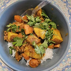 We are not fans of basmati rice, so we used white rice. Also, because my husband can not take too much heat, we only did 1 tbsp of curry and added 2 tbsps of sugar. It was absolutely delicious!