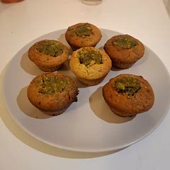 These are the best muffins I've ever eaten. They are so soft, moist, taste just sweet enough and the pistachio taste is perfect. You need to make these. I filled them with homemade pistachio butter! 