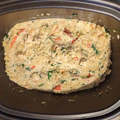 I used roasted red pepper because we don't like sun dried tomatoes, accidentally put the cream in too early and made the orzo on the stove but added it in at the end.