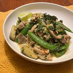 Delicious and easy weeknight meal! We added green peppers and topped with cilantro, Thai basil, lime, and Trader Joe’s chili onion crisp.