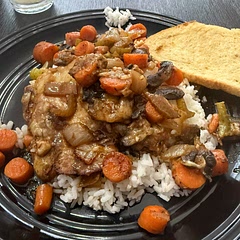 Really yummy!! 
Things I did different - added jar garlic and ghee to the dry mix and brushed onto the pork chops before searing. I transferred to a glass baking dish after searing and adding veggies and broth because I don’t have cast iron. Cooked great! Next time I will use boneless chops because bone in was annoying. 
Served over white rice to soak up some of the broth. It was delicious!