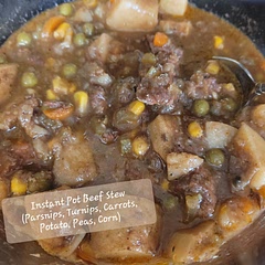 easy. Added 1 lg parsnip, 2 c corn, 2 c peas, 2 sm/med turnip. Browning the 2 lb of beef took a Lots longer, even with the pot hot. 